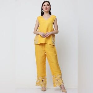 EY SIGNATURE Women's 3XL Linen & Lace two Piece pants Set Golden Yellow.